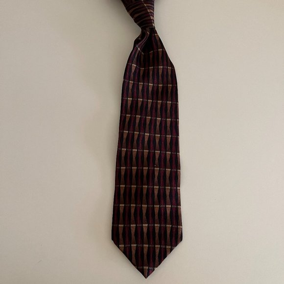 Vintage Rustica Red Brown Abstract Silk Tie fall autumn stripes preppy office - Picture 4 of 8